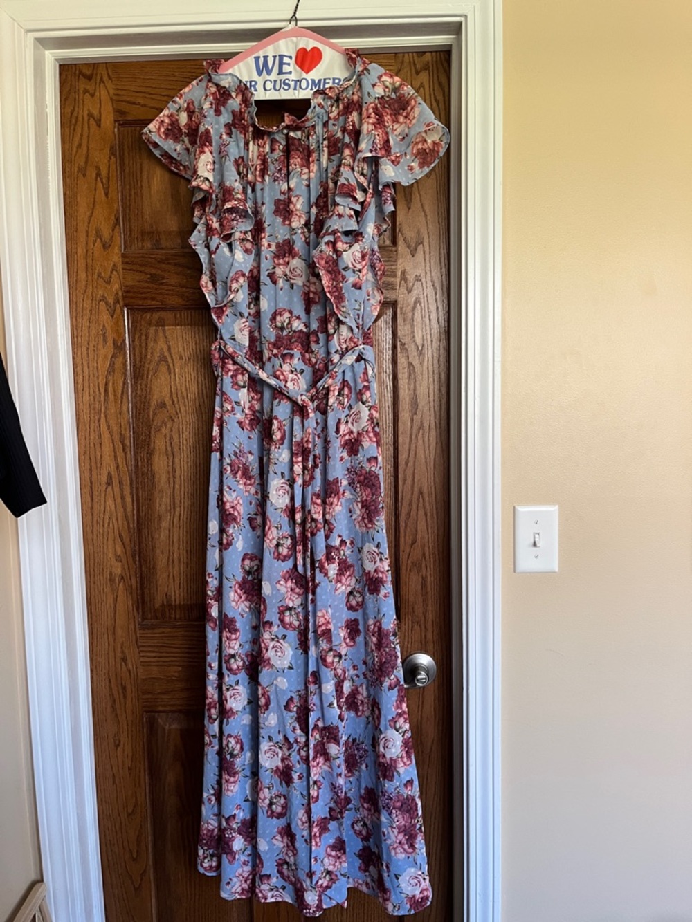 Floral Ruffle Maxi Dress in Light Blue and Burgundy